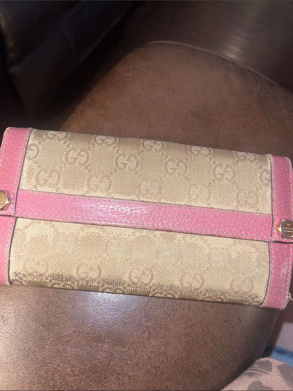 Gucci Beige Monogram Wallet with Pink Trim and Accents